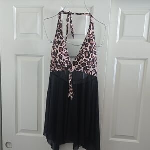 Leopard Halter Baby Doll Dress with Black Skirt